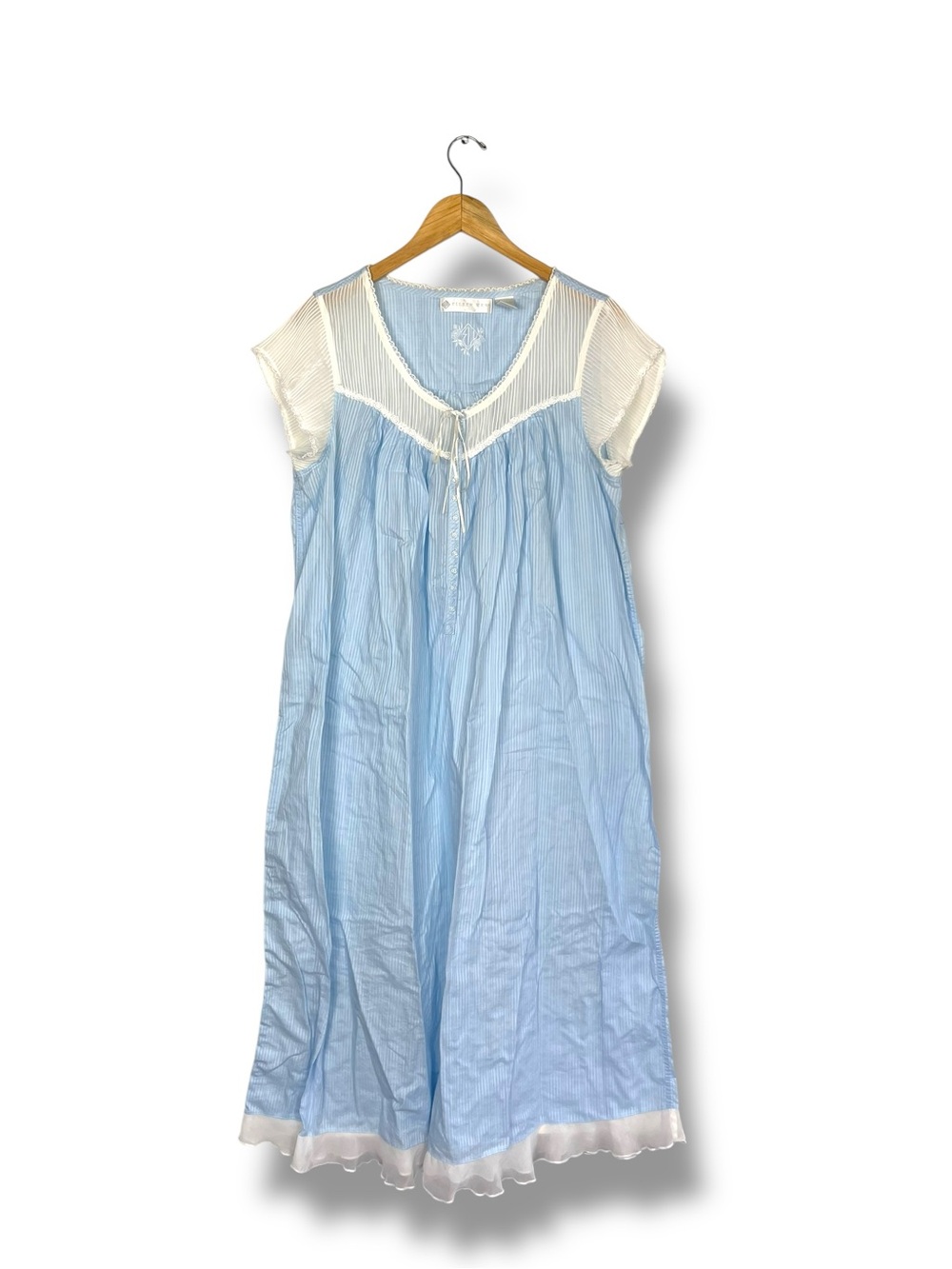 Eileen West Cotton Dobby Stripe Blue Chiffon Trim Gown Nightgown Rosebud Large